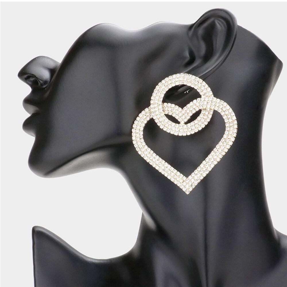 Gold Rhinestone Paved Heart Evening Statement Earrings